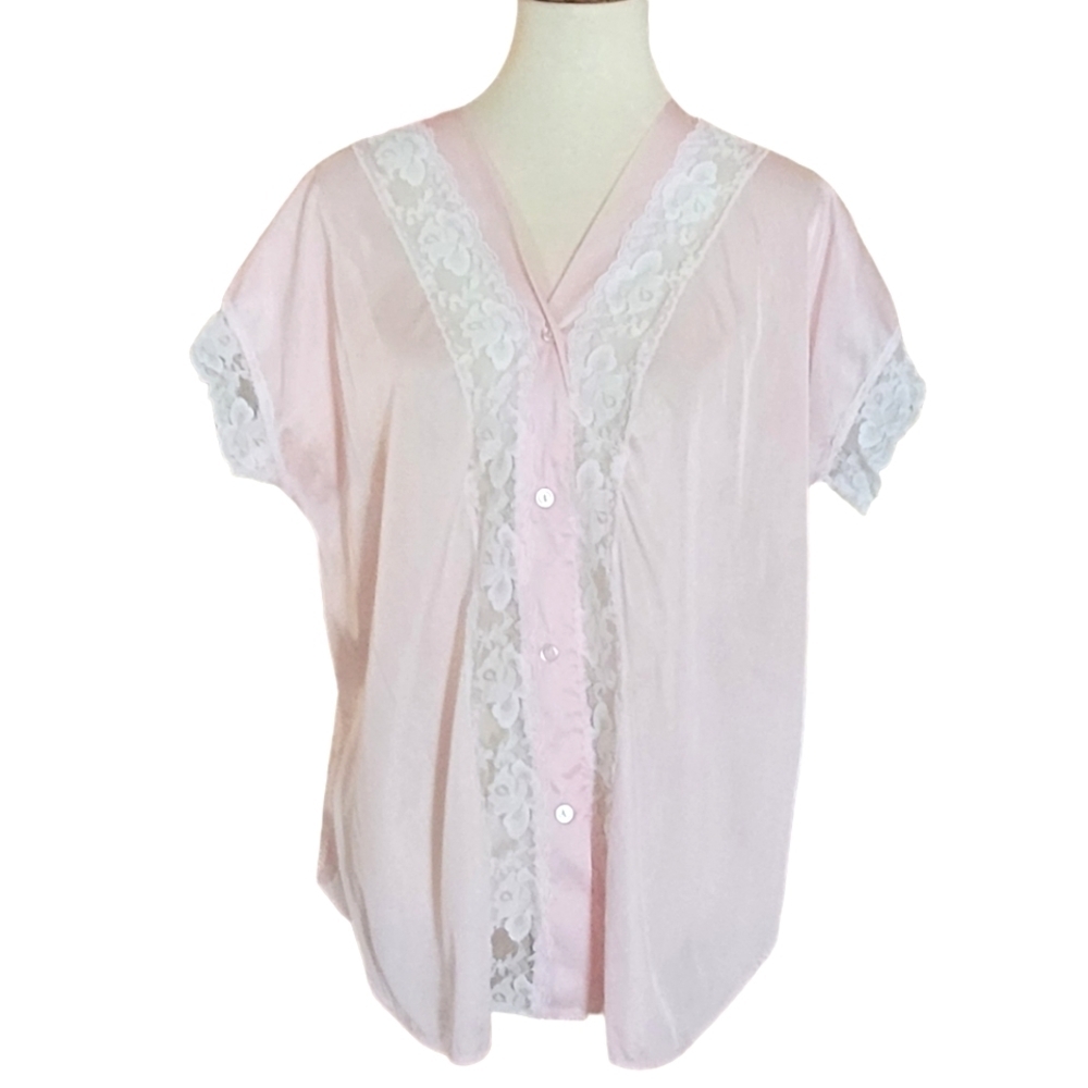 Vintage - 70's Lady Ronte' Pink Nylon and Lace PJ Top